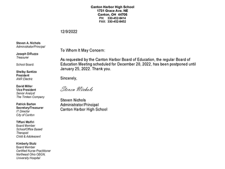 December BOE Meeting Postponed