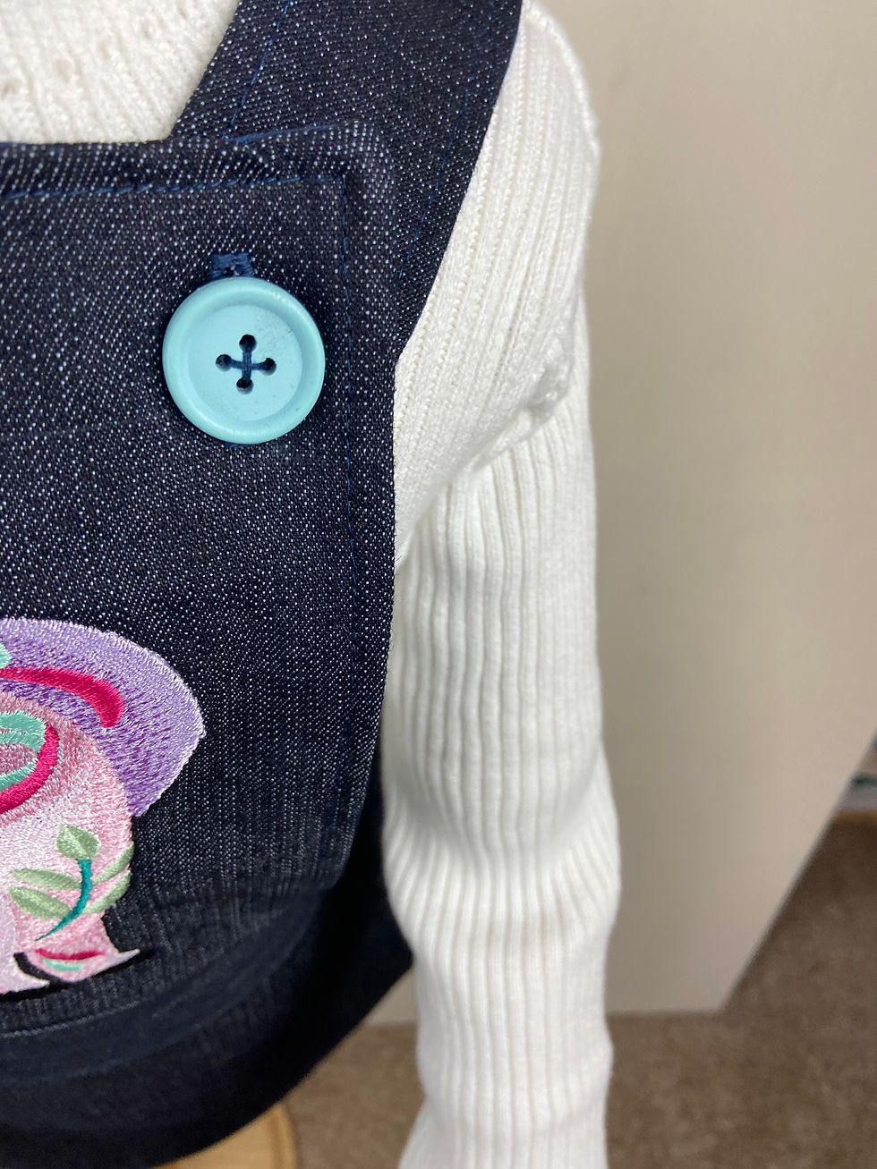 Thumbnail: Elsa - denim navy pinafore with baby horse embroidery  2 + years