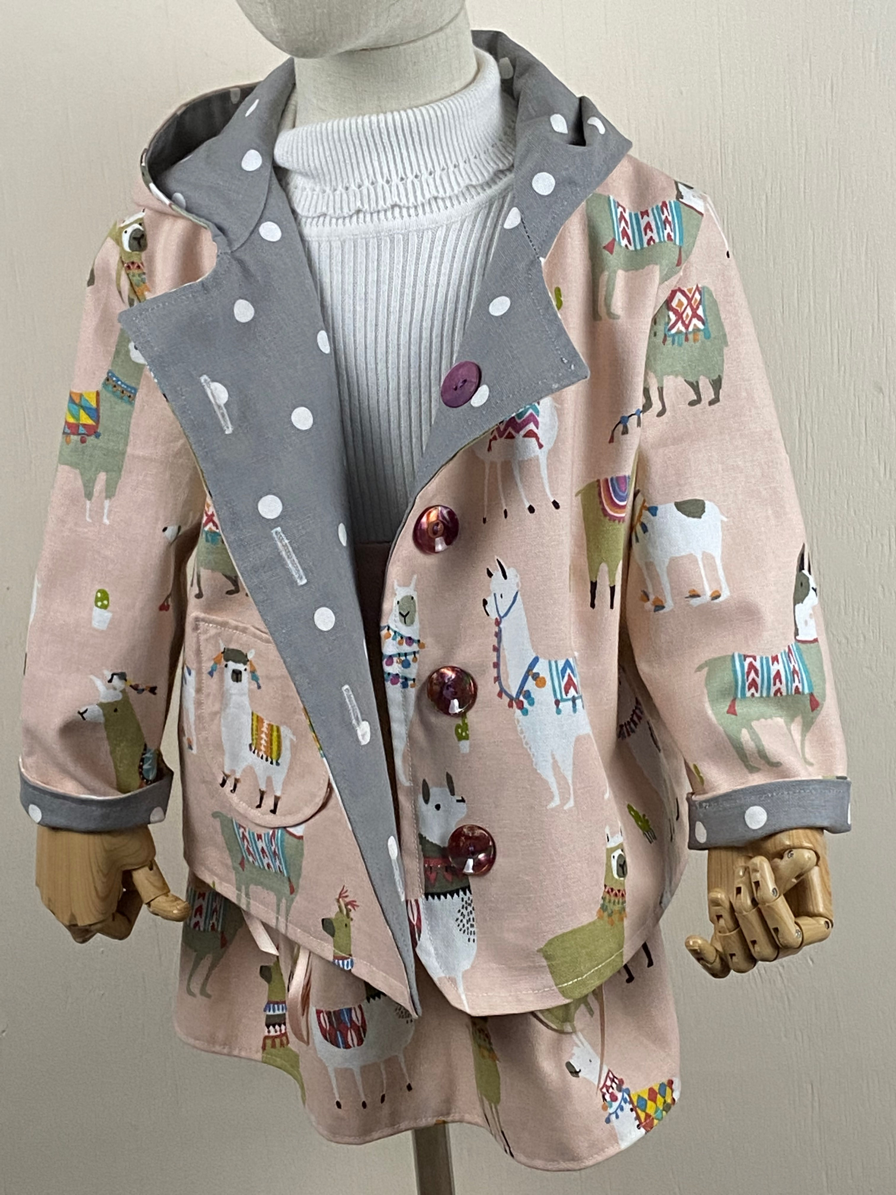 Aella alpaca pink with grey spotty reversible jacket 2+ years