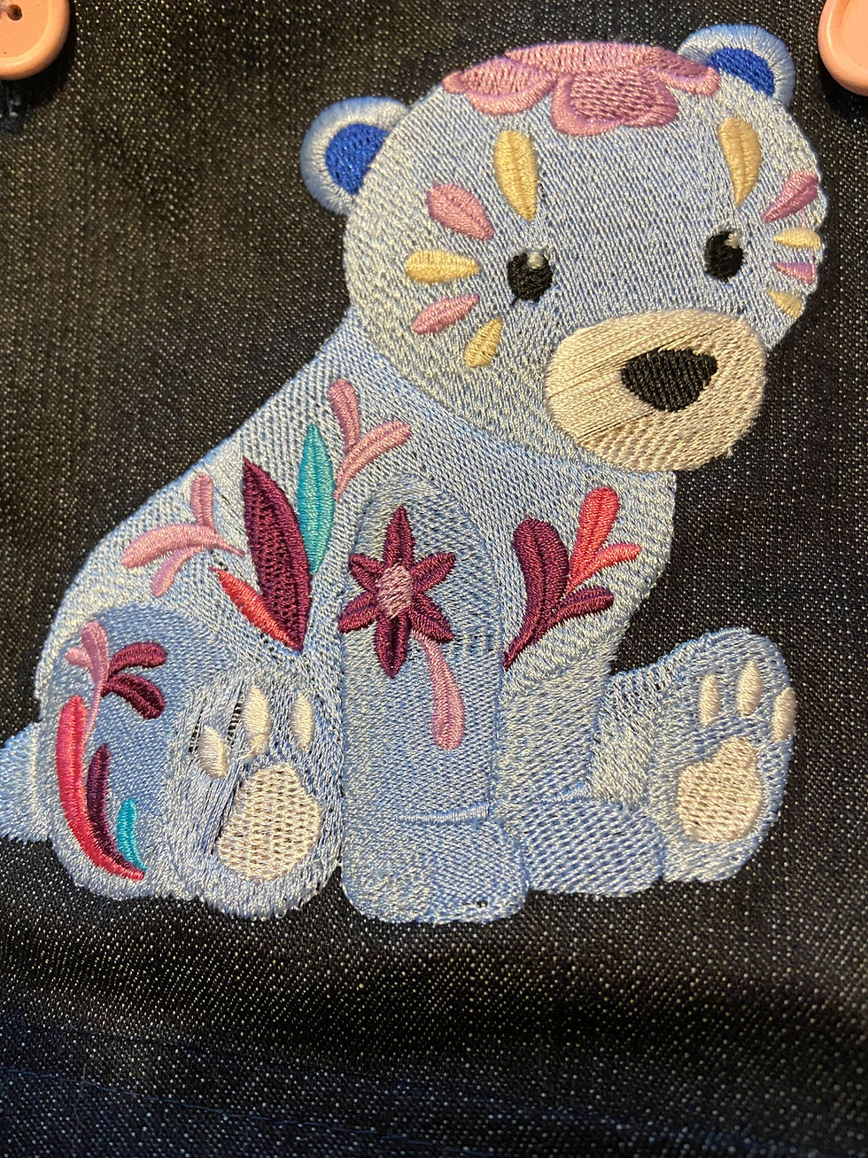 Thumbnail: Elsa - denim pinafore dress with bear motif - 18 - 24 months