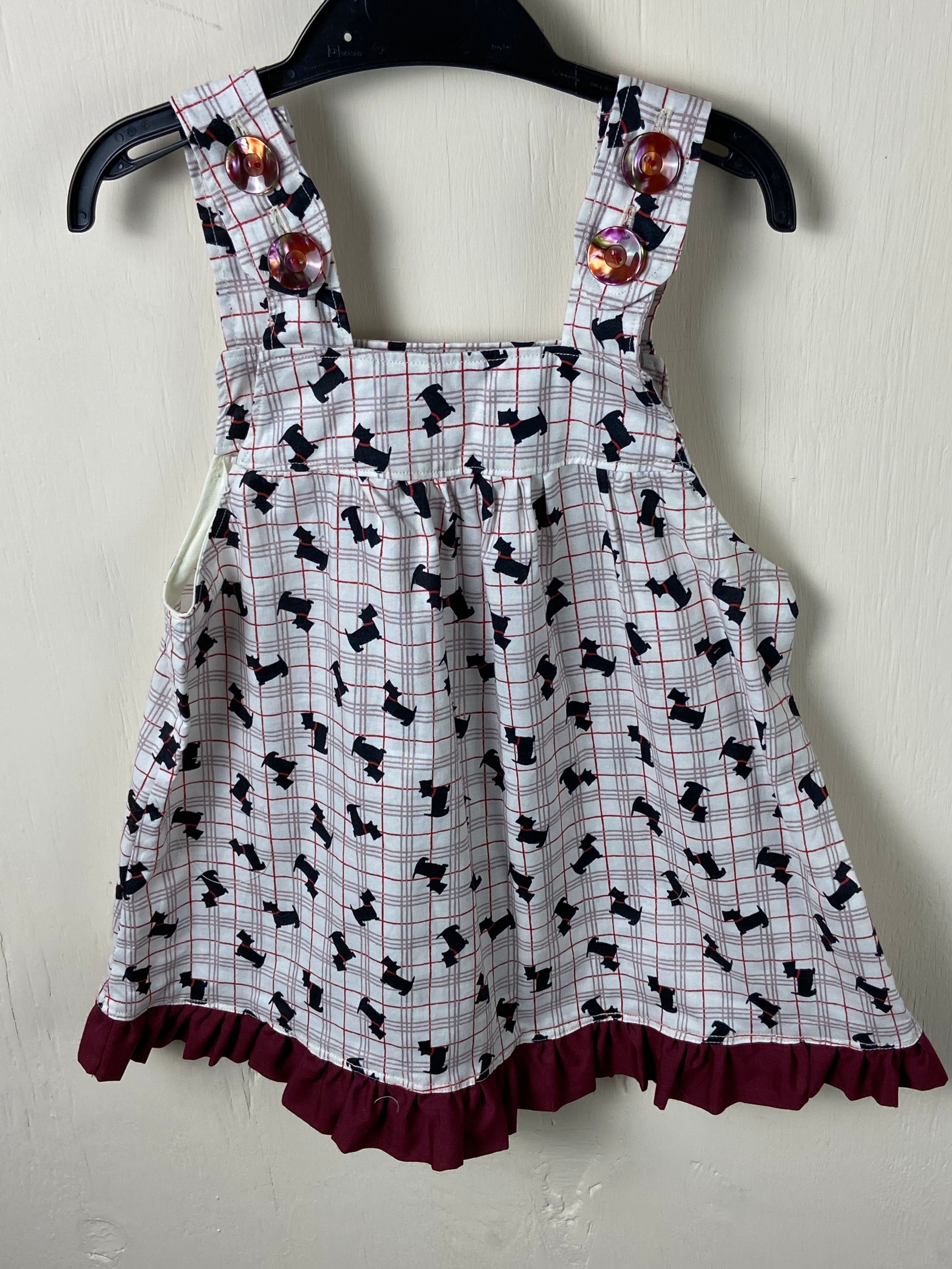 Davina - scottie Dog sundress with maroon trim 3 years