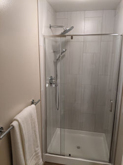 Shower with modern framed glass door.