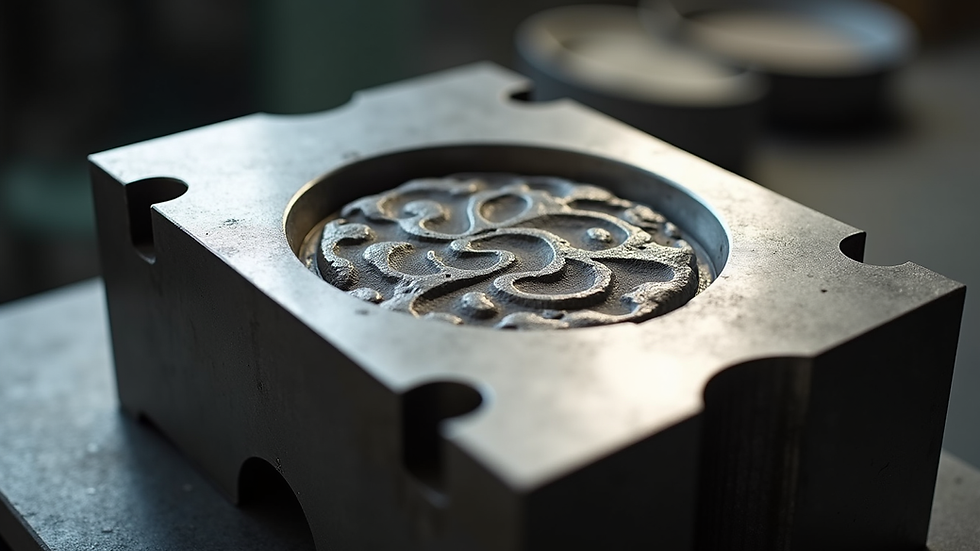 Close-up view of stainless steel casting mold with wax pattern