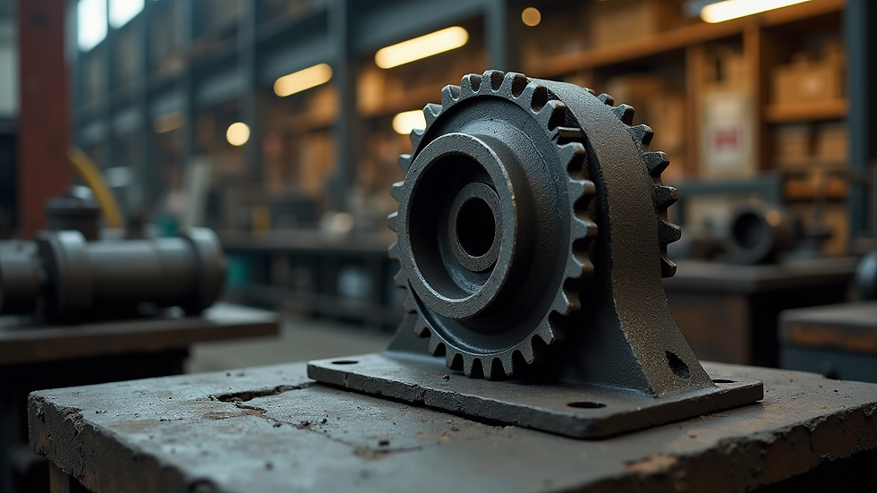 Eye-level view of a bespoke cast iron gear housing in a workshop