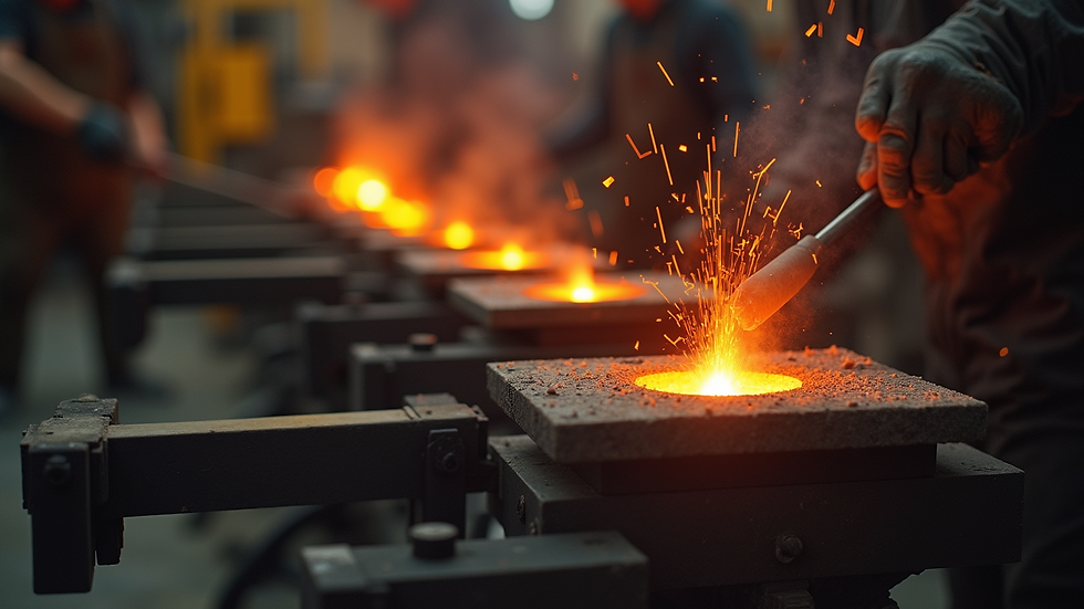 Eye-level view of a metal casting workshop with moulds and molten metal