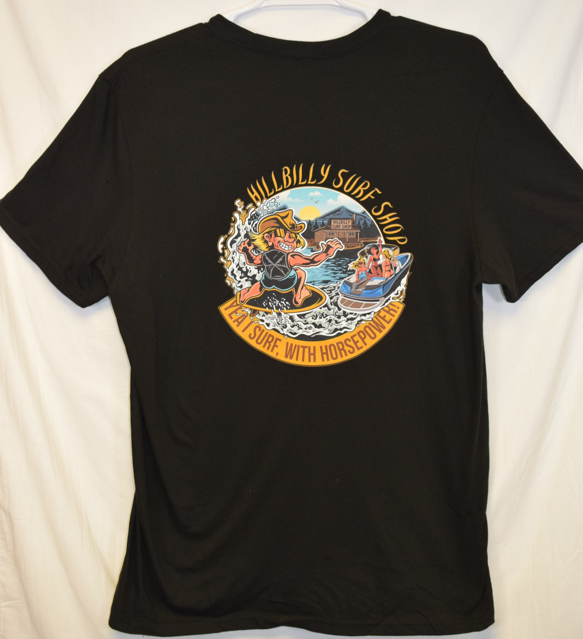 Printed on back "Yea I Surf, With Horsepower" full color" on black shirt