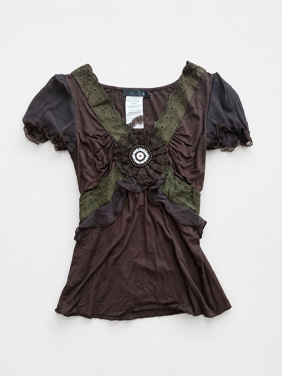 Thumbnail: Olive Rosette Brooch Puff Sleeve Top