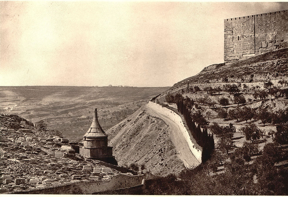 Vintage 19th-century photograph of the Kidron Valley and Absalom’s Pillar. A sepia-toned historical view of the monumental tombs and the slopes of the Mount of Olives in Jerusalem.