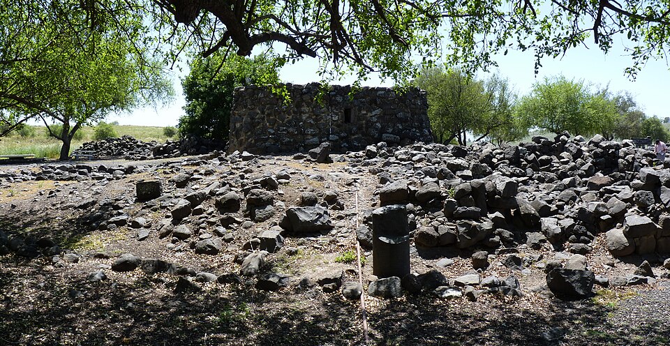 Black volcanic basalt stone ruins and ancient archaeological excavations at Korazim National Park in the Sea of Galilee area.