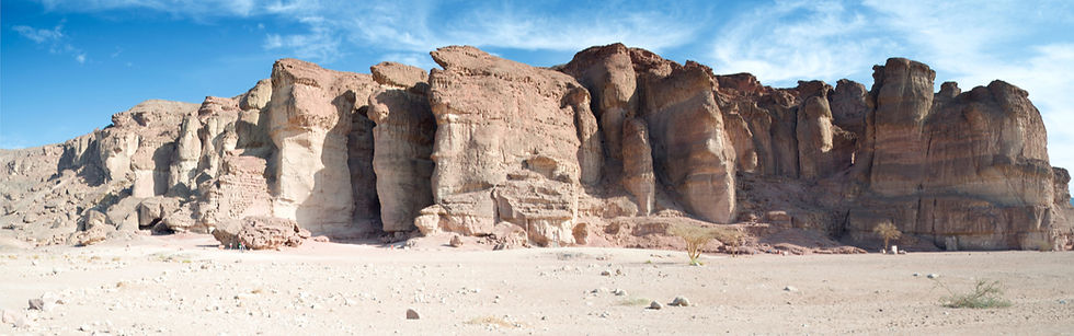 Timna National Park. A wide panoramic view of Solomon's Pillars, massive natural sandstone columns and geological landmarks in Timna Park, Southern Israel.