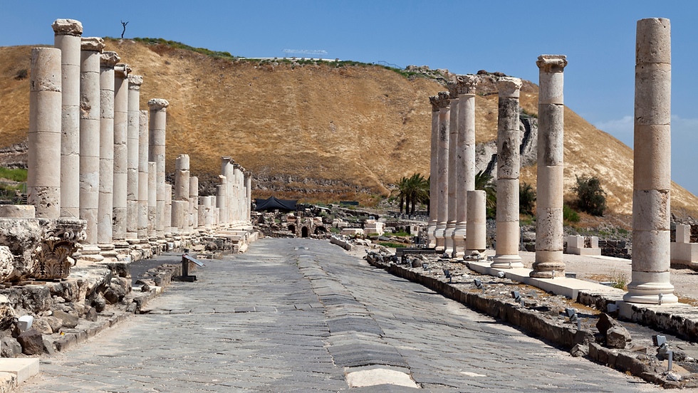Toppled Roman columns on Silvanus Street in Beit Shean national park, physical evidence of the catastrophic 749 CE earthquake.
