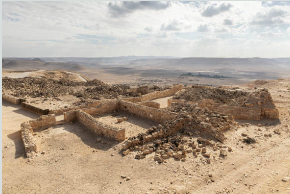 Aerial perspective of the archaeological ruins at Herodium, showing the complex layout of the royal residential quarters and storehouses.