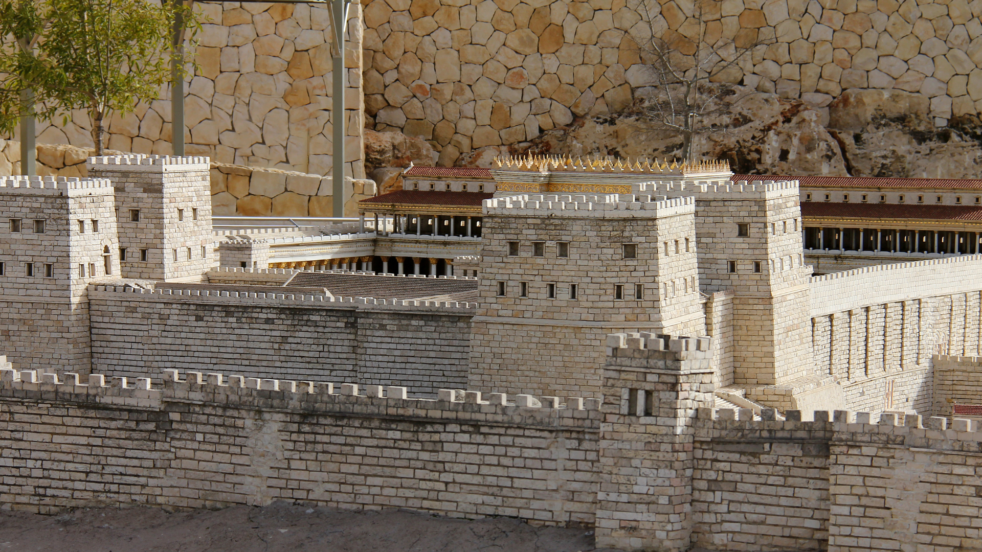 Detail of the Second Temple Model of Jerusalem. A 1:50 scale reconstruction showing the massive stone fortifications and Herodian architecture of the ancient Holy City.
