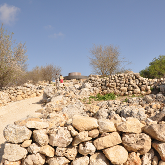 Ancient stone walls at the Tel Shiloh archaeological site. Excavated ruins of the first capital of Israel, showing the rugged limestone construction of the biblical period.