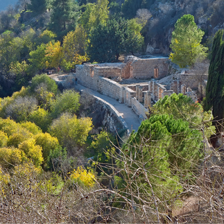 Archaeological stone ruins of an ancient farmhouse nestled among evergreen trees in the Sataf hiking area.