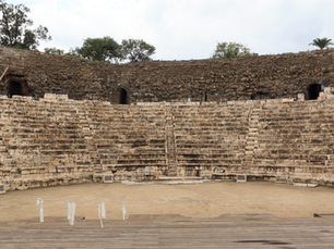 Panoramic photography of Palladius Street in Beit Shean National Park, a main Roman thoroughfare lined with columns leading to the ancient Tell.