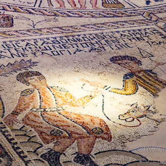 Detailed Roman mosaic floor at Sepphoris depicting mythological scenes and ancient Greek inscriptions.