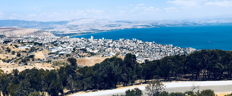 "Panoramic view of the city of Tiberias and the Sea of Galilee from the heights of the Swiss Forest, Northern Israel."