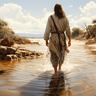 "A spiritual depiction of Jesus walking by the Jordan River, representing the pilgrimage journey of the Jesus Trail."