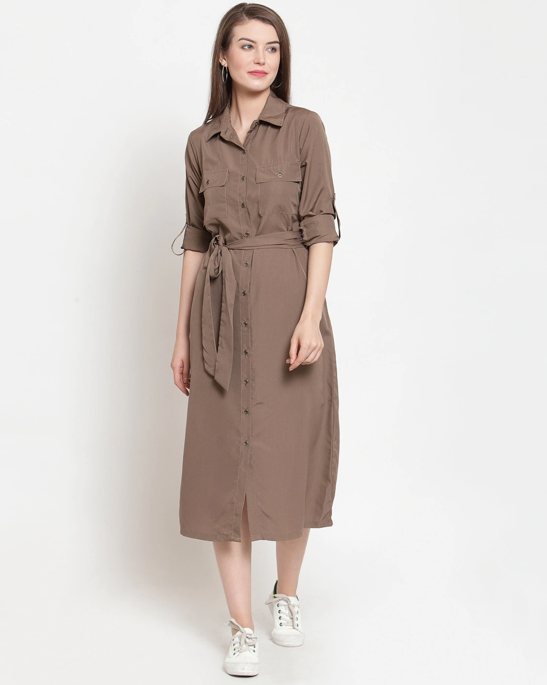 Shirt Dress with Buttoned-Flap Pockets and Tie-Up