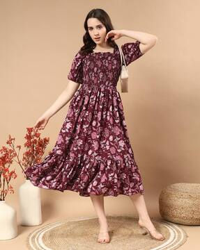 Stylish Beige Floral Print Fit and Flare Dress with Belt