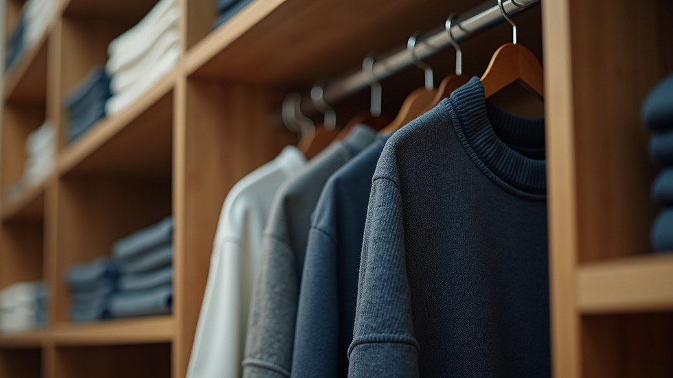 High angle view of tailored sweatpants in a well-organized closet