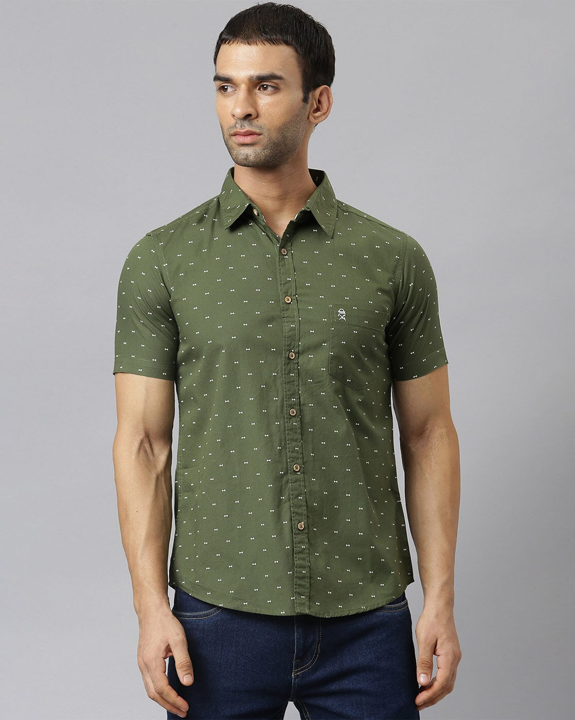 Micro Print Cotton Shirt with Patch Pocket