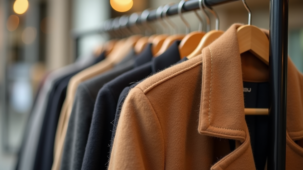 Close-up of a woolen camel coat hanging on a rack