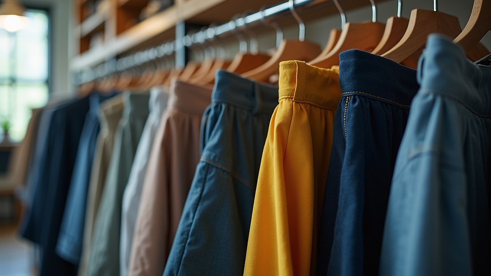 Eye-level view of tailored shorts hanging on a clothing rack