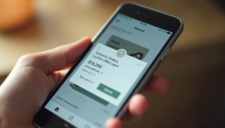 Eye-level view of a smartphone screen showing a ShoppingFlo order confirmation with YOLO Coins earned