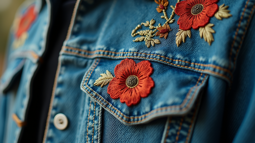 Close-up of a vintage denim jacket with custom embroidery