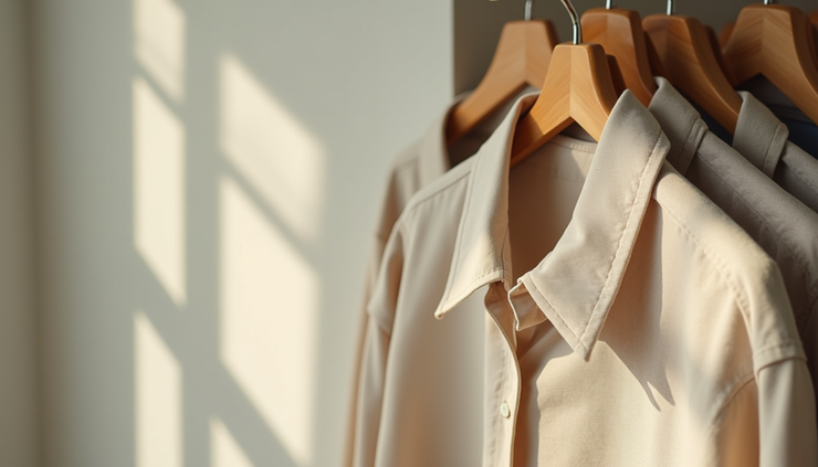 Eye-level view of a light beige linen shirt hanging on a wooden hanger against a plain white wall