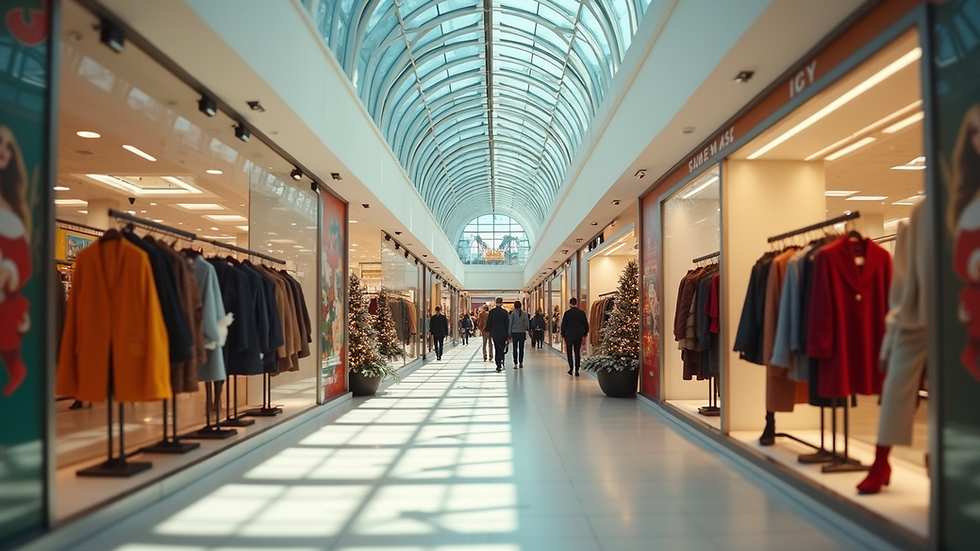 Wide angle view of a shopping mall featuring seasonal clothing displays