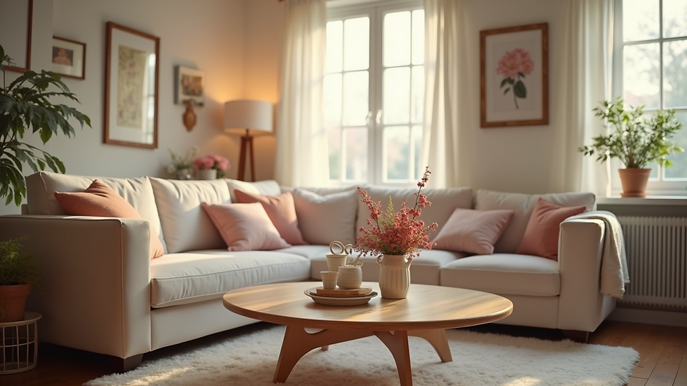 Eye-level view of a cozy living room filled with Mother's Day decorations