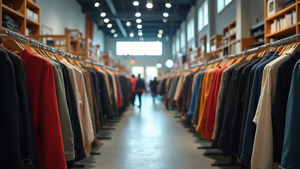 High angle view of a bustling fashion marketplace with various clothing racks