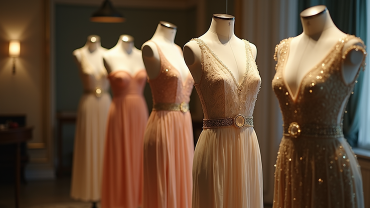 Eye-level view of flapper dresses on display