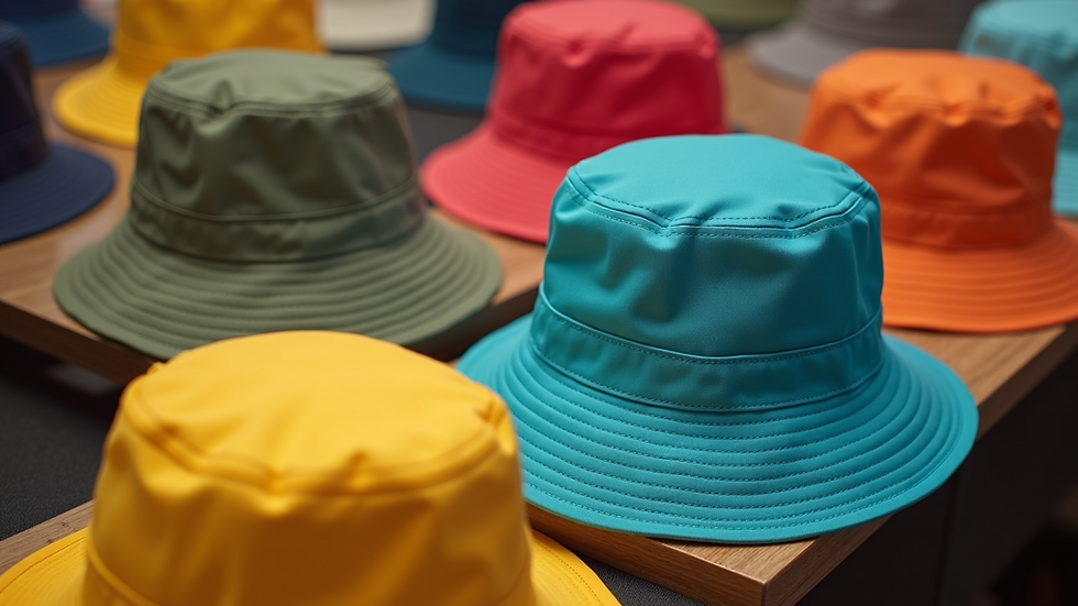 High angle view of colorful bucket hats displayed on a table