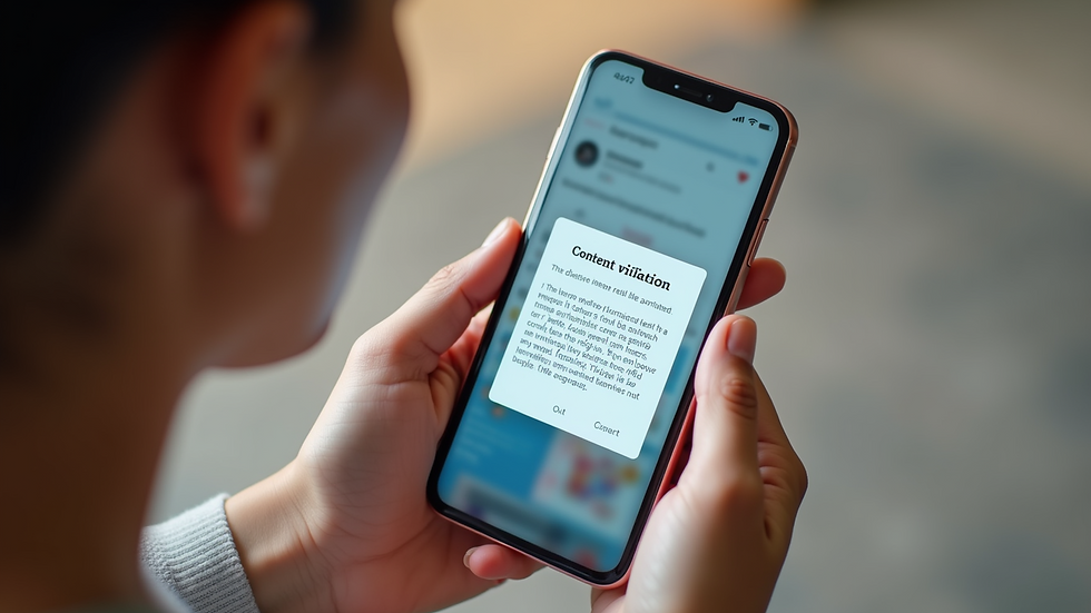 High angle view of a smartphone displaying a social media notification about content violation