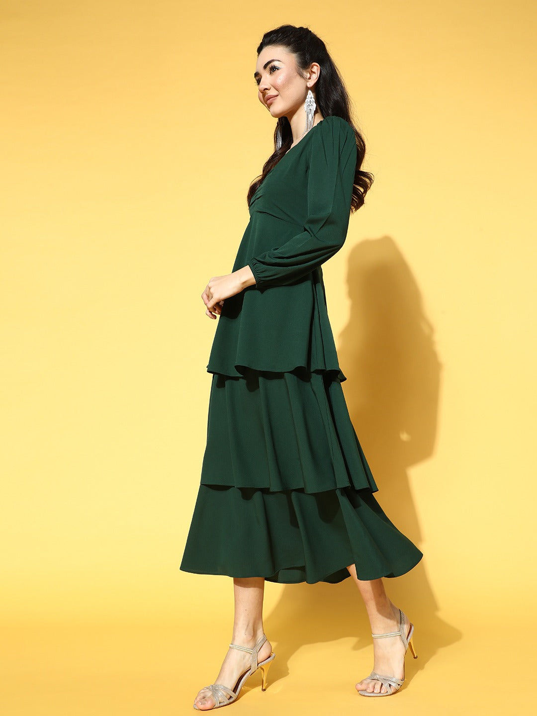 Elegant Green Sweetheart Neck Puff Sleeve A-Line Maxi Dress