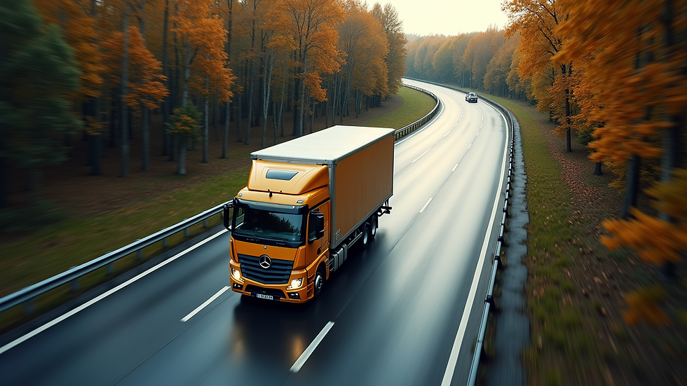 High angle view of a delivery truck on a highway surrounded by trees