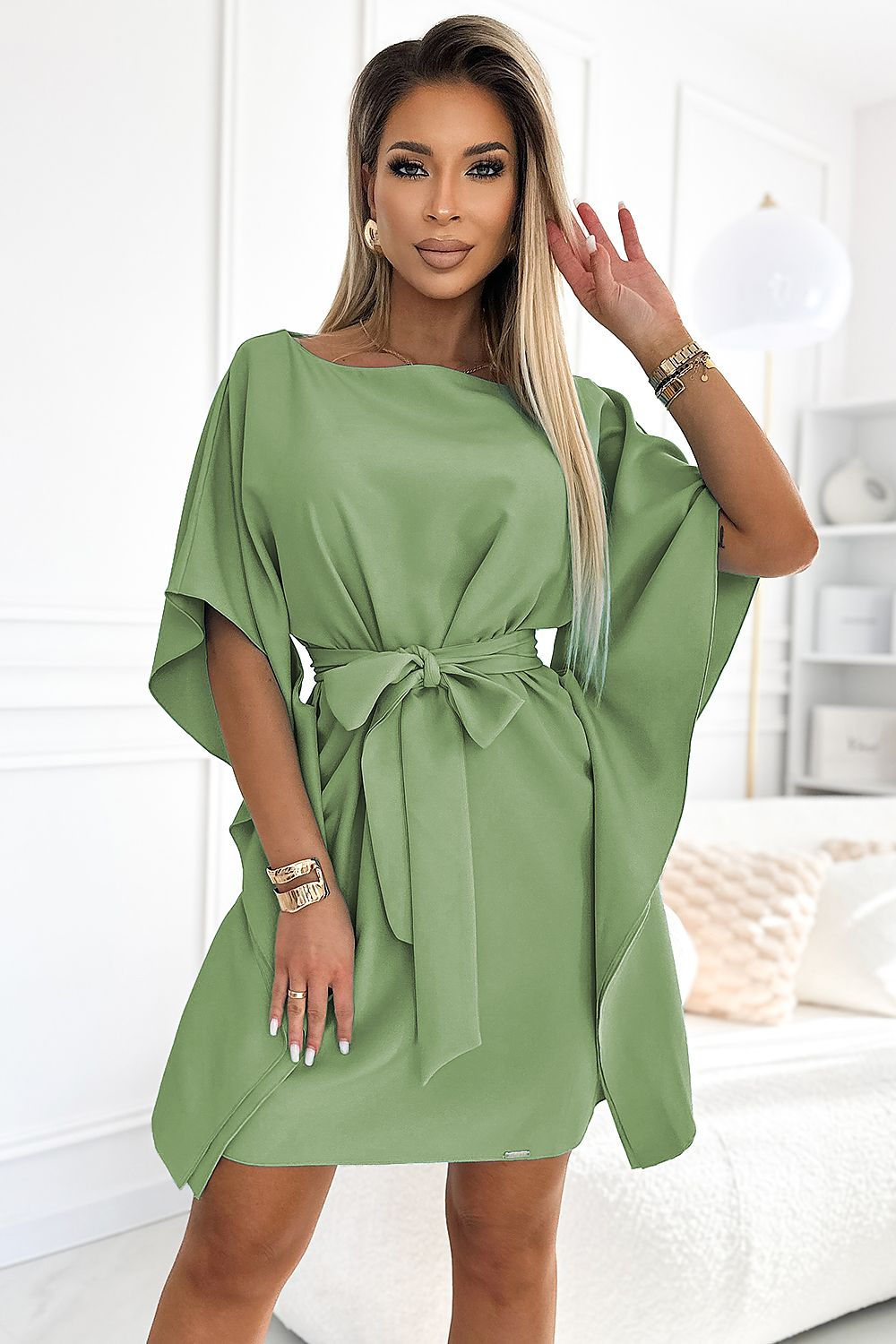 Chic Olive Green Butterfly Dress with Stylish Belt