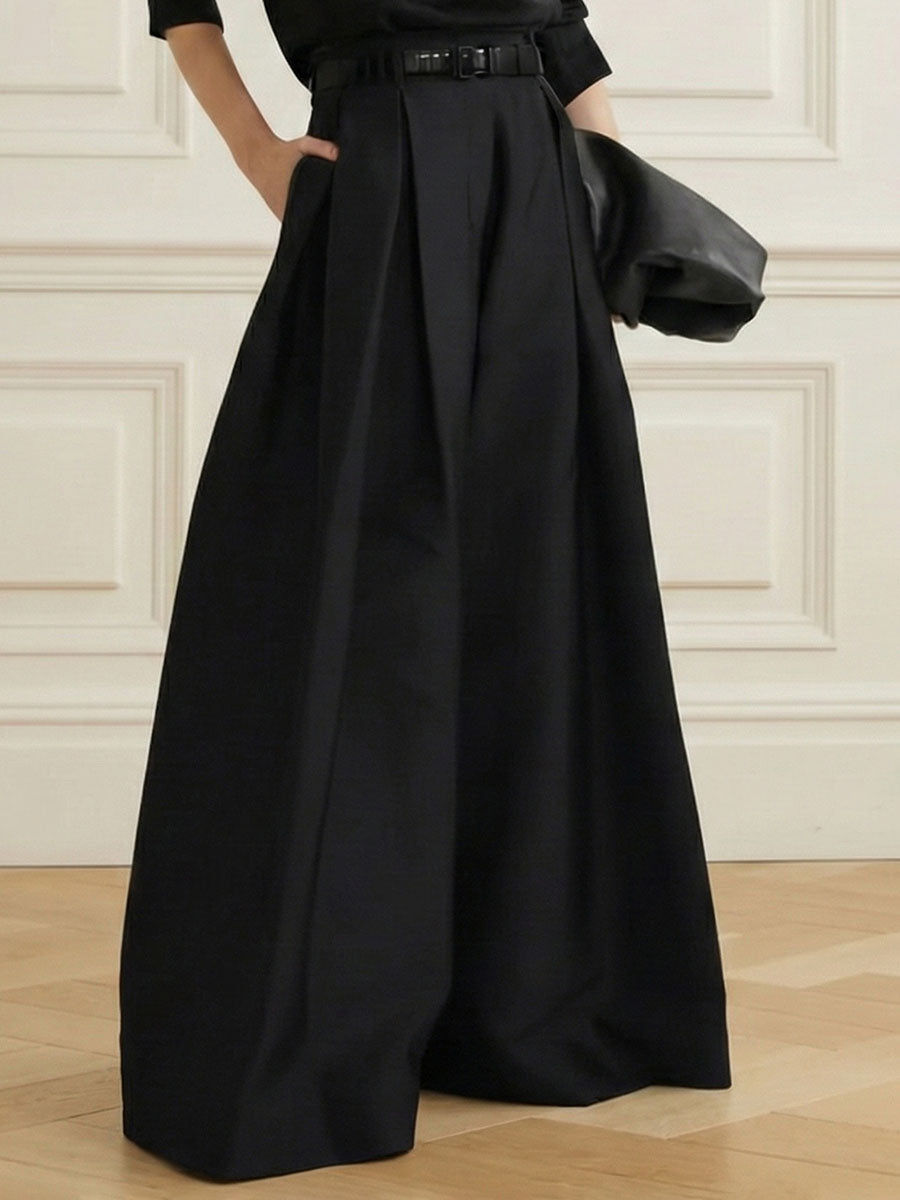Stylish Loose High-Waisted Solid Color Wide Leg Polyester Pants