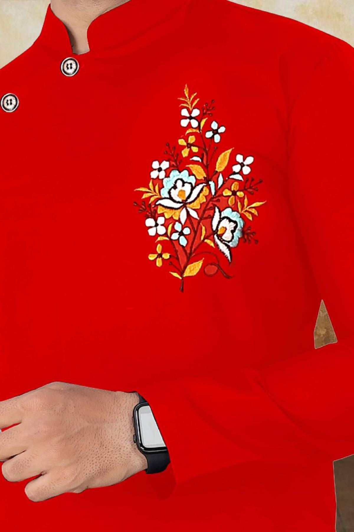Kunj Creation Red Cotton Regular Fit Men's Kurta Pajama Set