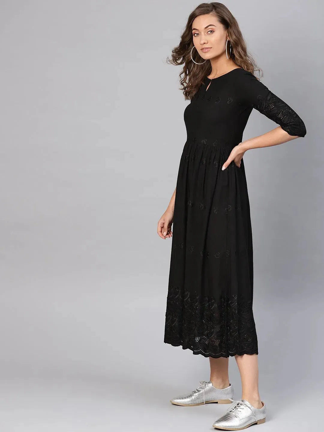 Black Schiffli Rayon Maxi Dress