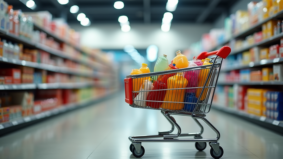 Eye-level view of a shopping cart filled with colorful products