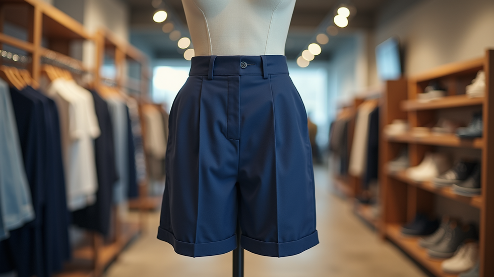 High angle view of mid-length tailored shorts on a mannequin