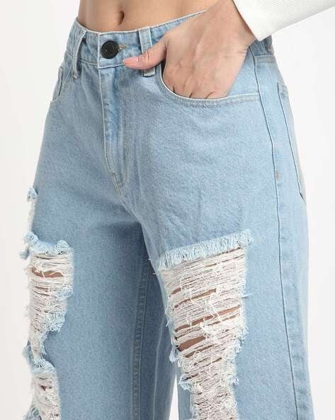 Women’s High Rise Heavily Distressed Denim Shorts in Blue