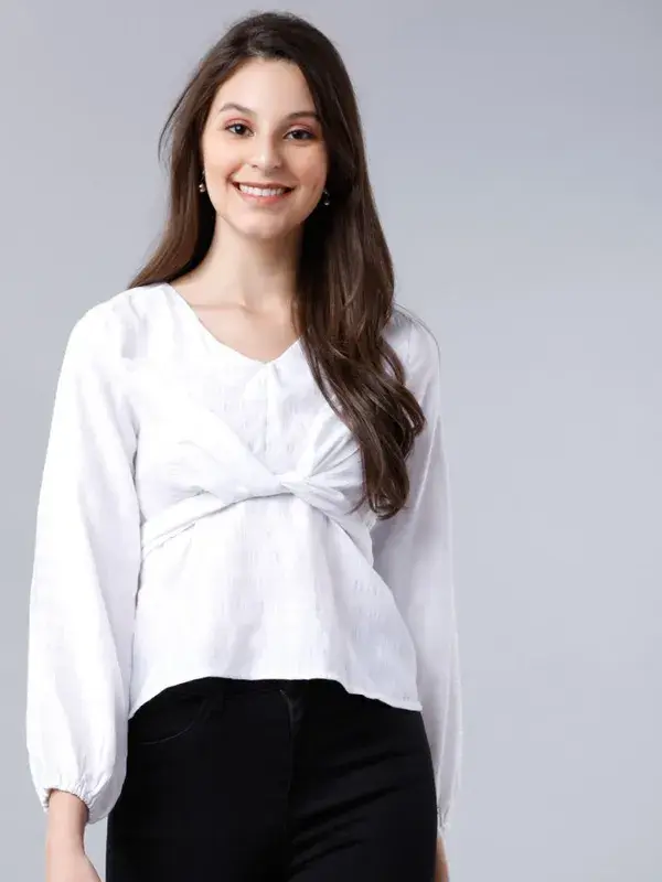 Tokyo Talkies Women's White Solid Regular Top - Fashionable and Versatile