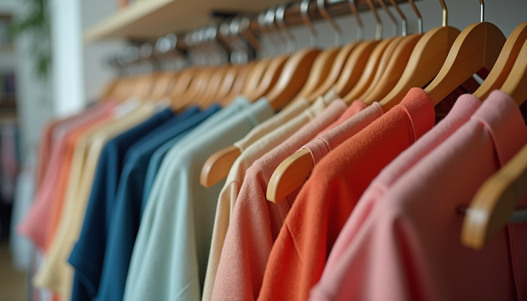 Eye-level view of colorful affordable fashion apparel displayed on hangers in an online store