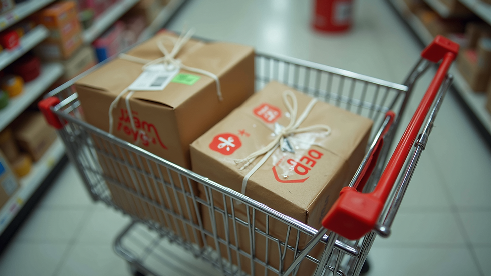High angle view of a shopping cart filled with packages and discount tags